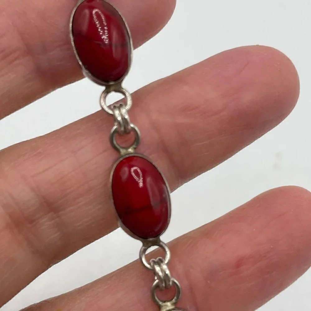 Red Jasper Cabochon .925 Sterling Silver Bezel Set Link Bracelet 7.5